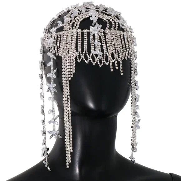 Crystal Tassel Head Chain Jewelry Women Rhinestone Flapper Cap Bridal Headpiece - Picture 2 of 5
